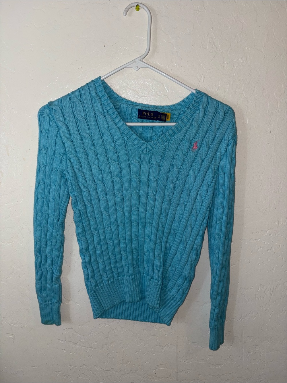 Ralph Lauren Women's Aqua Cable-Knit V-Neck Sweater